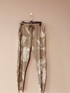 Kaktus Olive Green Tropical Leaf Drawstring Joggers Summer Casual Stretchy